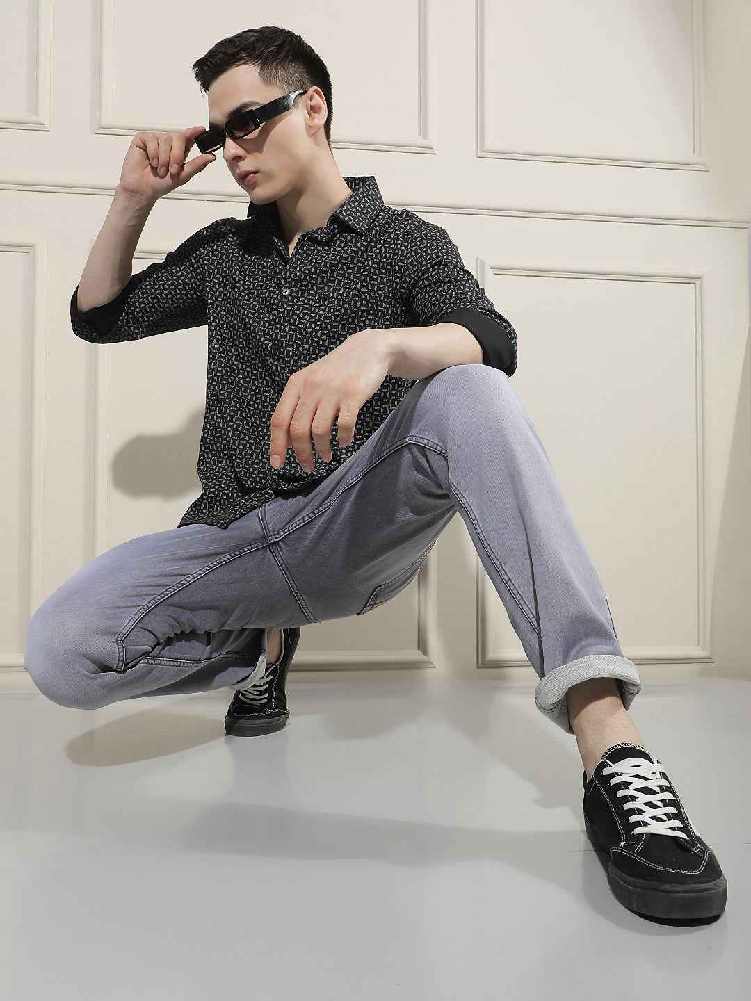 Black Smart Printed Casual Shirt