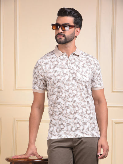Brown Floral Print Polo Neck T-Shirt