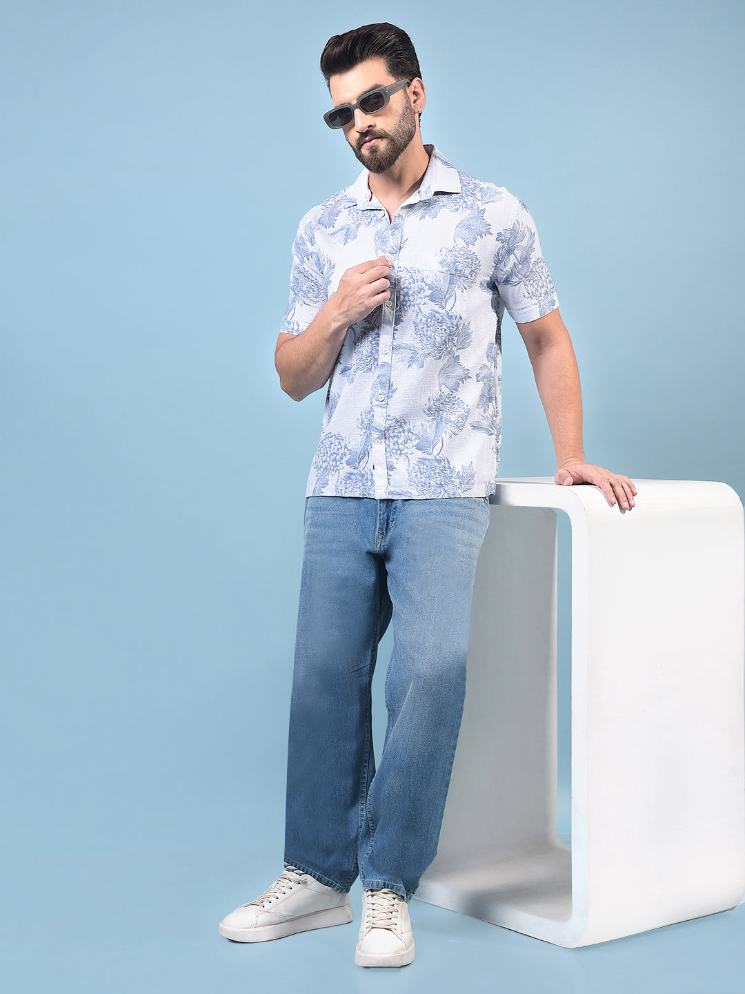 Men's Blue Floral Print 100% Cotton Shirt-Men Shirts-Crimsoune Club