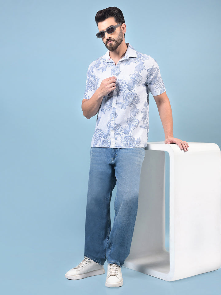 Men's Blue Floral Print 100% Cotton Shirt-Men Shirts-Crimsoune Club