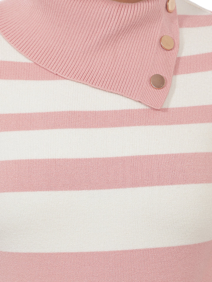 Pink Horizontal Stripes High Neck Sweater
