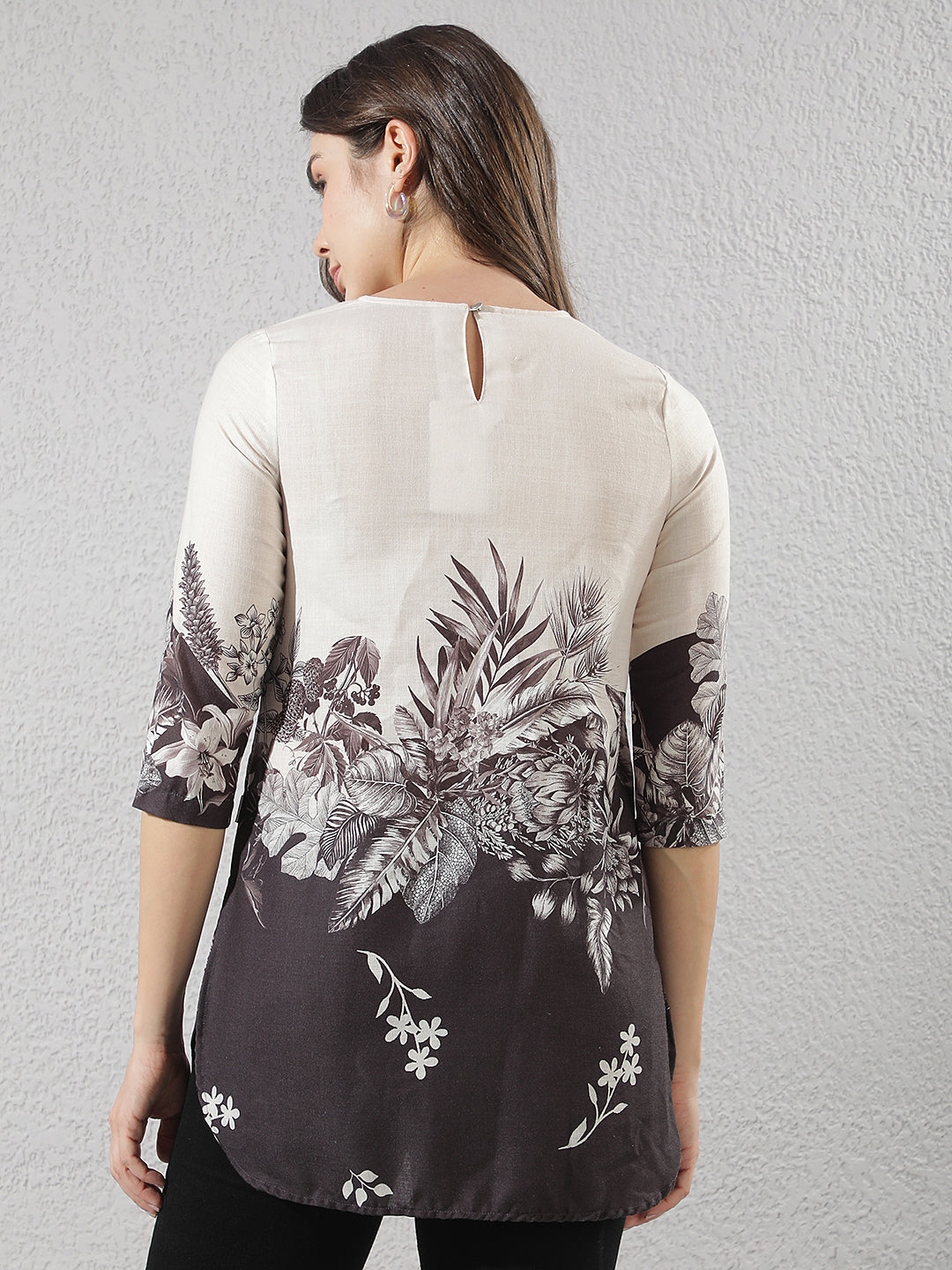 Off White Floral Print Longline Top