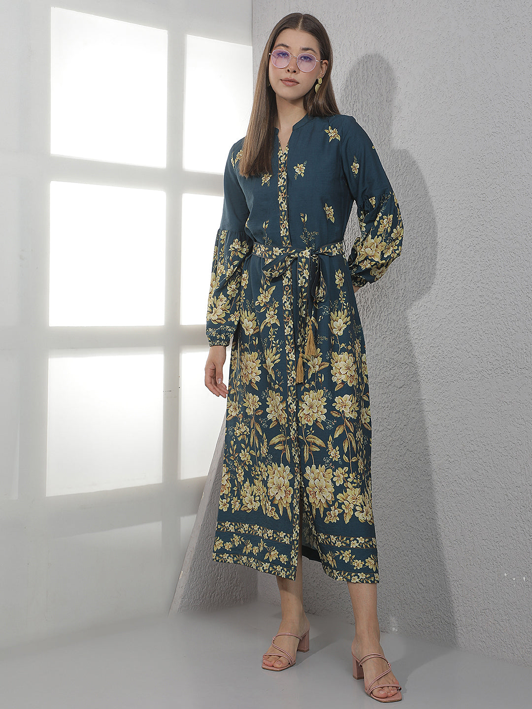 Blue Floral Print Midi Shirt Dress With Belt