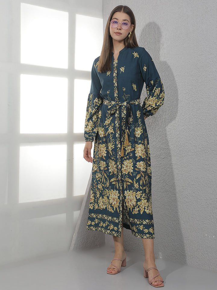 Blue Floral Print Midi Shirt Dress With Belt