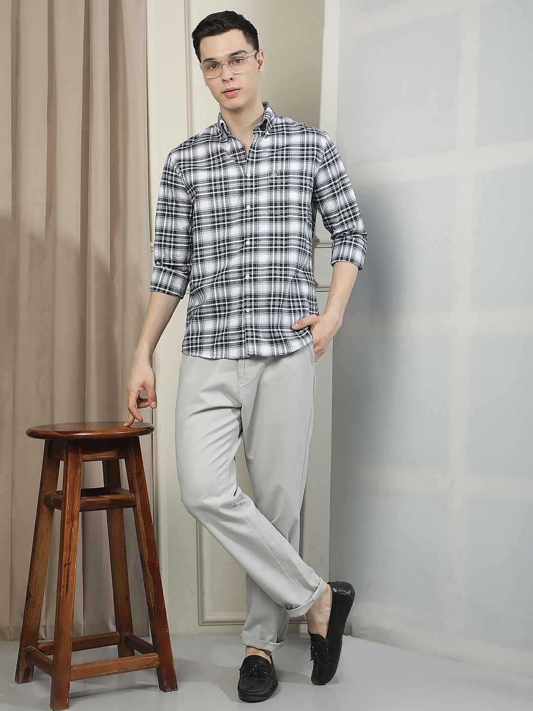 Blue Checked Button-Down Collar 100% Cotton Shirt