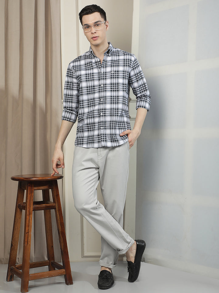 Blue Checked Button-Down Collar 100% Cotton Shirt