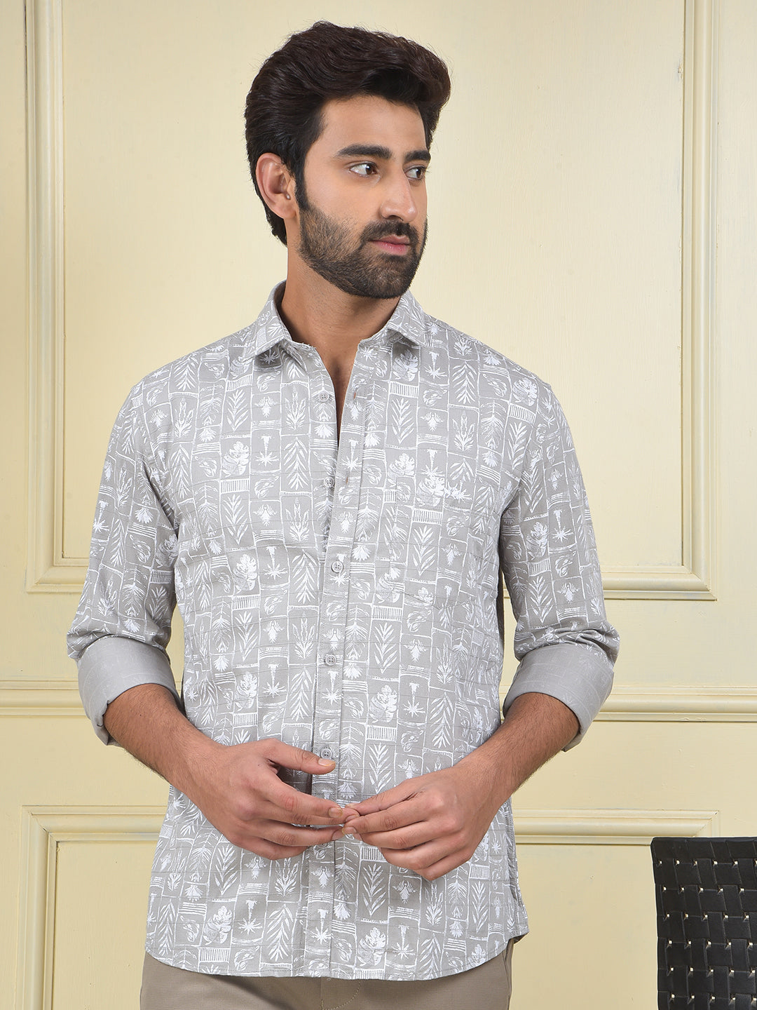 Grey Floral Print 100% Cotton Shirt