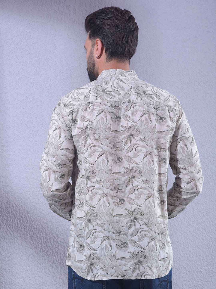 Grey Floral Print Linen Kurta