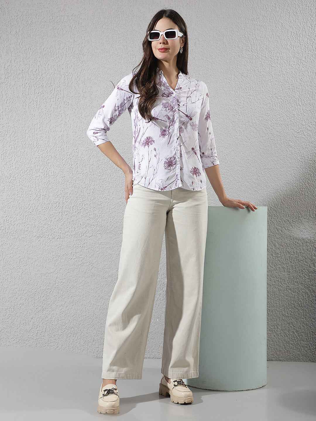 Purple Floral Print V-Neck Linen Shirt