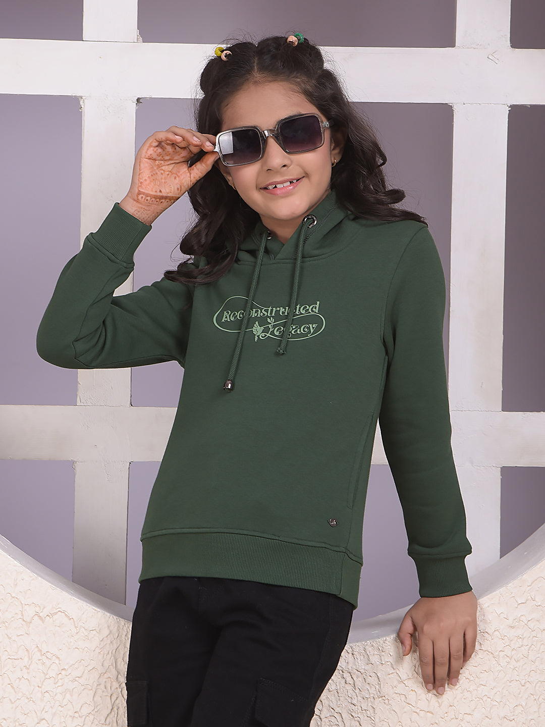 Green Typographic Print Hooded Neck Sweatshirt