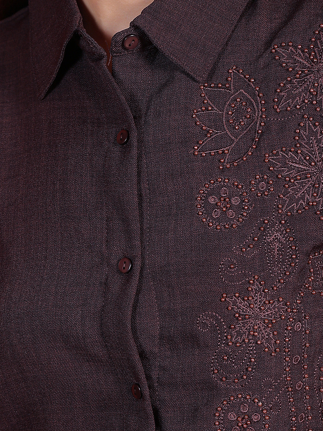 Brown Floral Embroidered Shirt