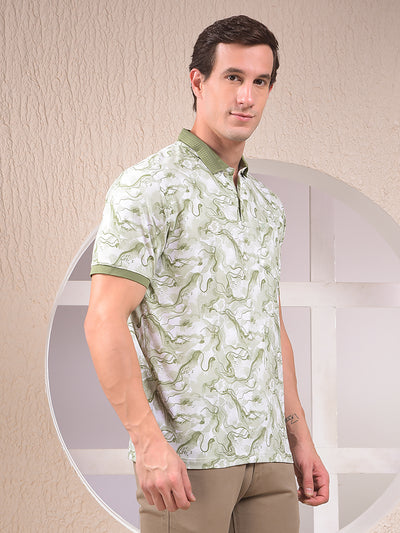 Green Abstract Print Polo Neck T-Shirt