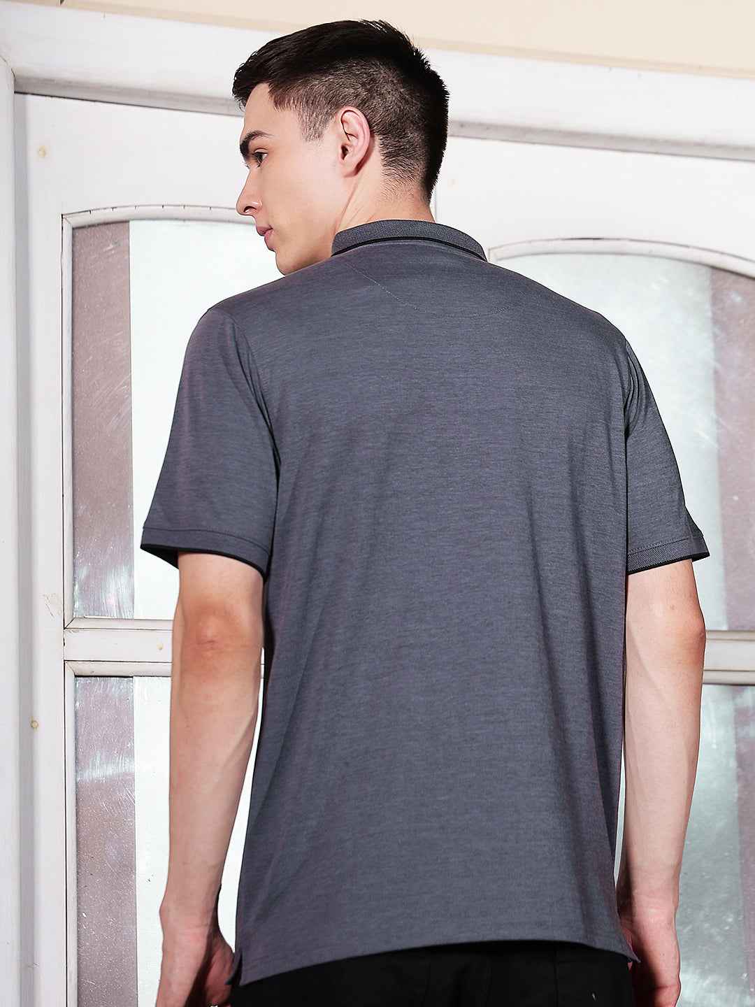 Blue Textured Polo Neck T-Shirt
