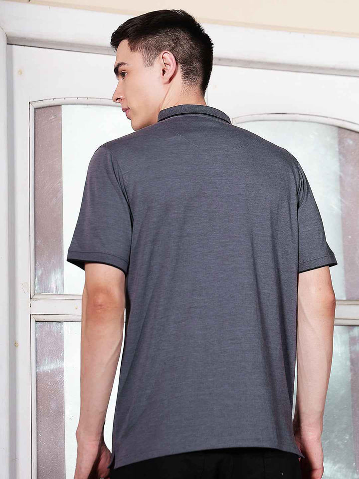 Blue Textured Polo Neck T-Shirt