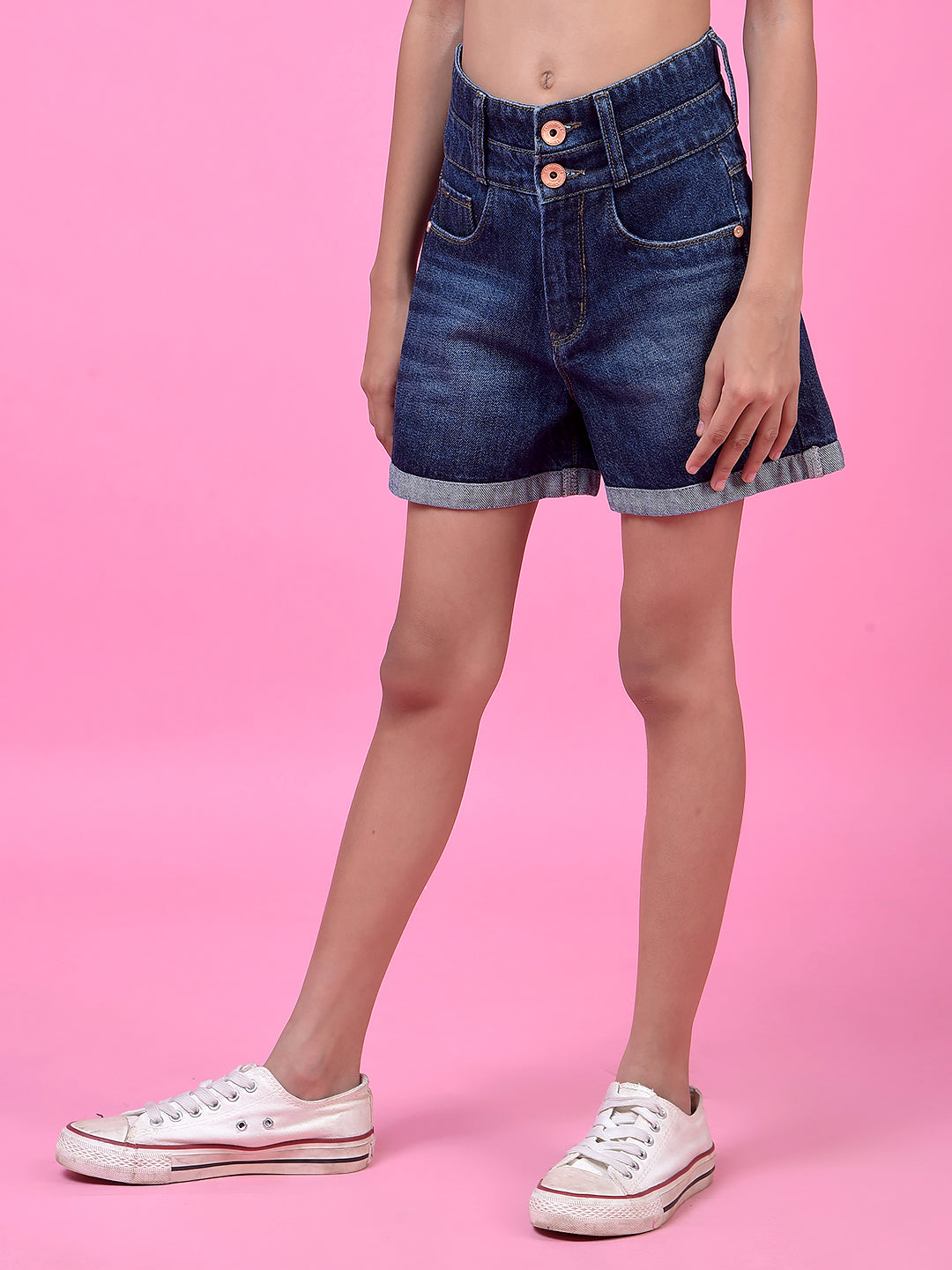 Blue 100% Cotton High-Waist Hot Pants