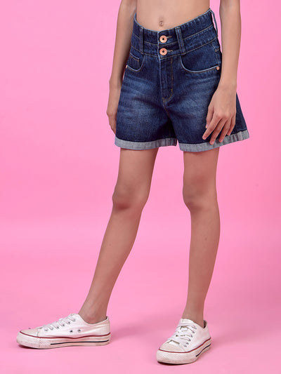 Blue 100% Cotton High-Waist Hot Pants
