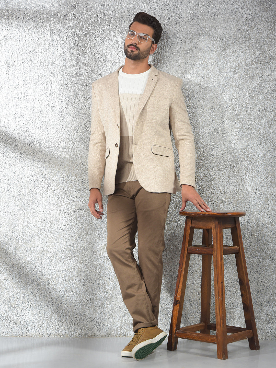 Beige Notched Lapel Single-Breasted Blazer
