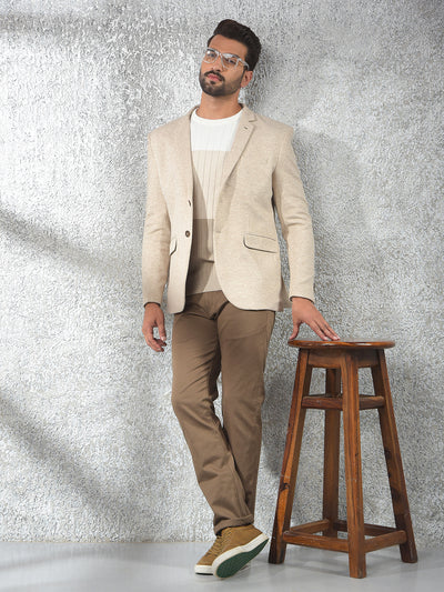Beige Notched Lapel Single-Breasted Blazer