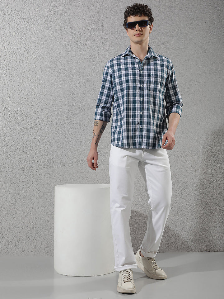 Teal Green 100% Cotton Checked Shirt