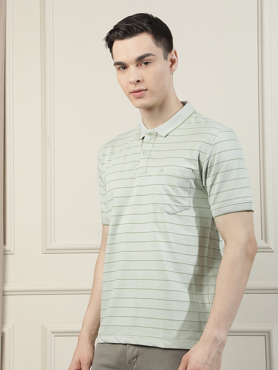 Beige Horizontal Stripes Polo Neck T-Shirt