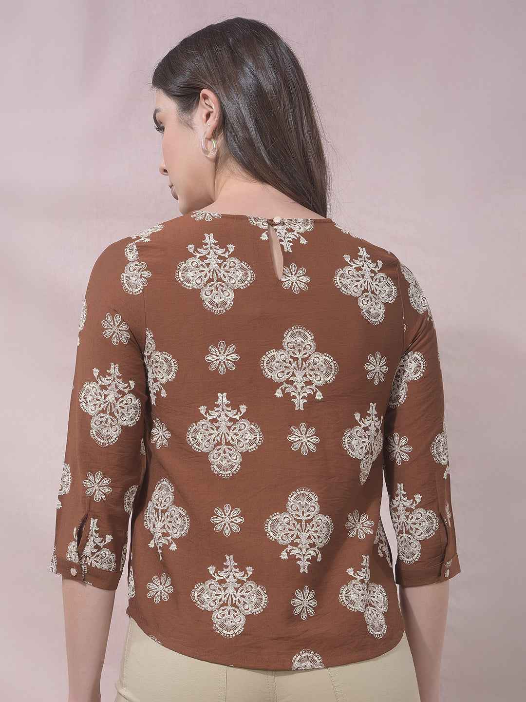 Brown Buti Embroidered Top