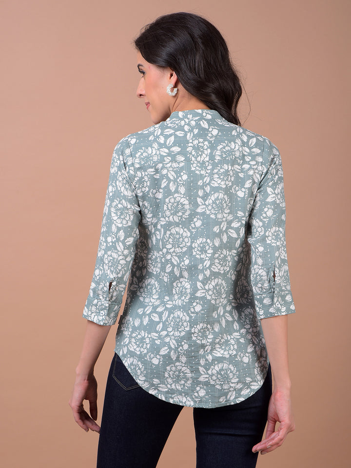 Green Floral Print 100% Cotton V-Neck Shirt