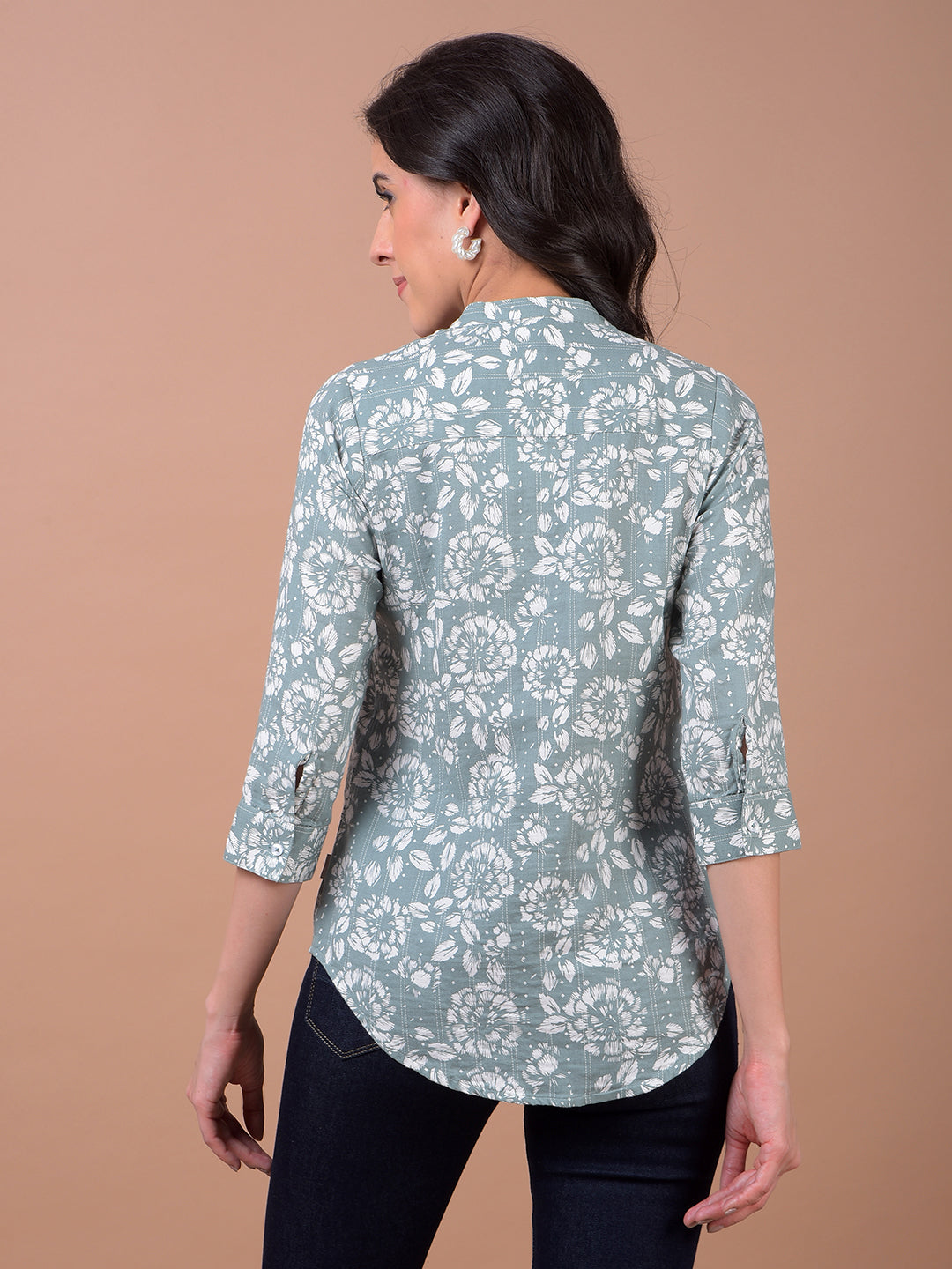 Green Floral Print 100% Cotton V-Neck Shirt