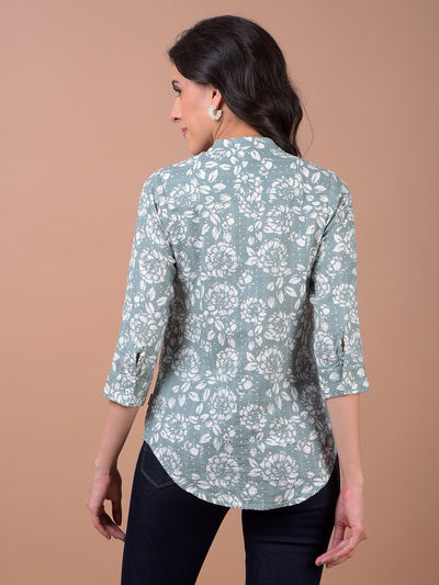 Green Floral Print 100% Cotton V-Neck Shirt
