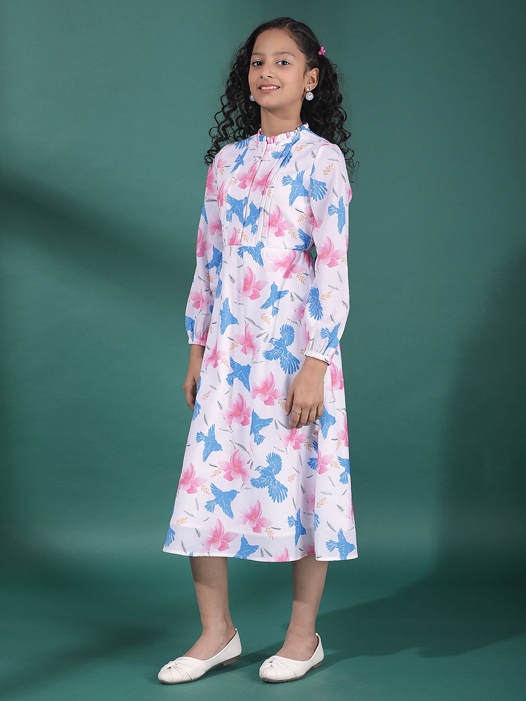 Multi-Color Floral Print A-Line Midi Dress
