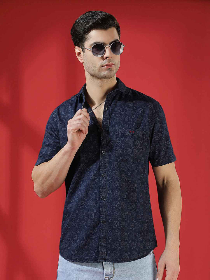 100% Cotton Navy Blue Floral Print Shirt