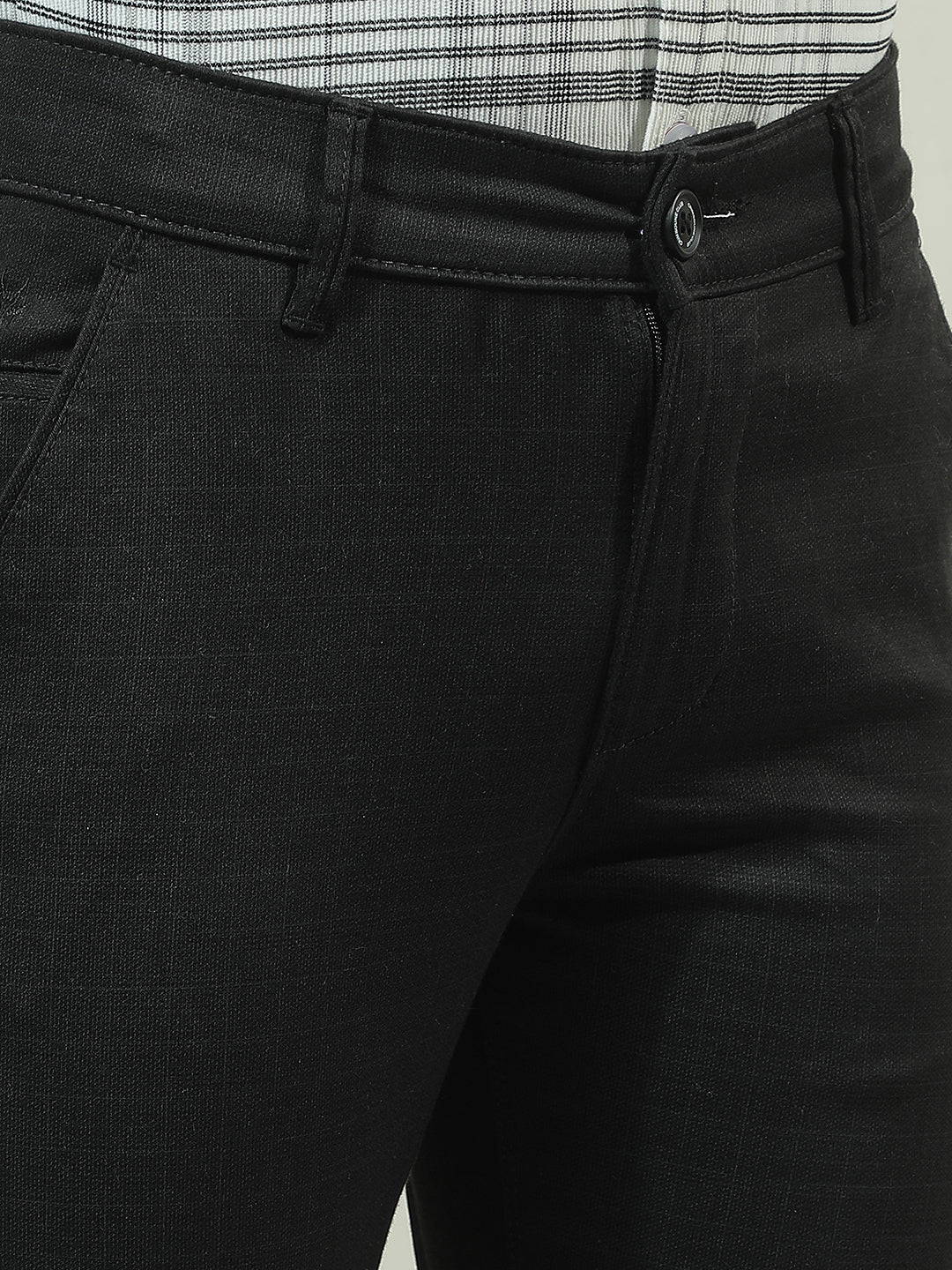 Black Cotton Checked Stretchable Trousers