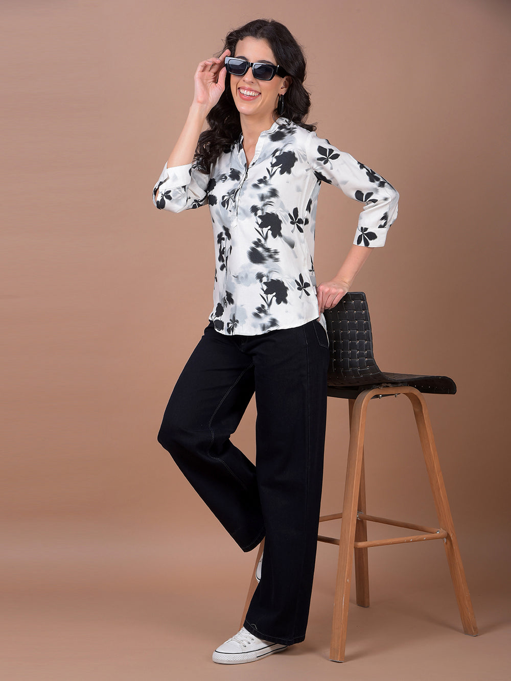 Black Floral Print V-Neck Top