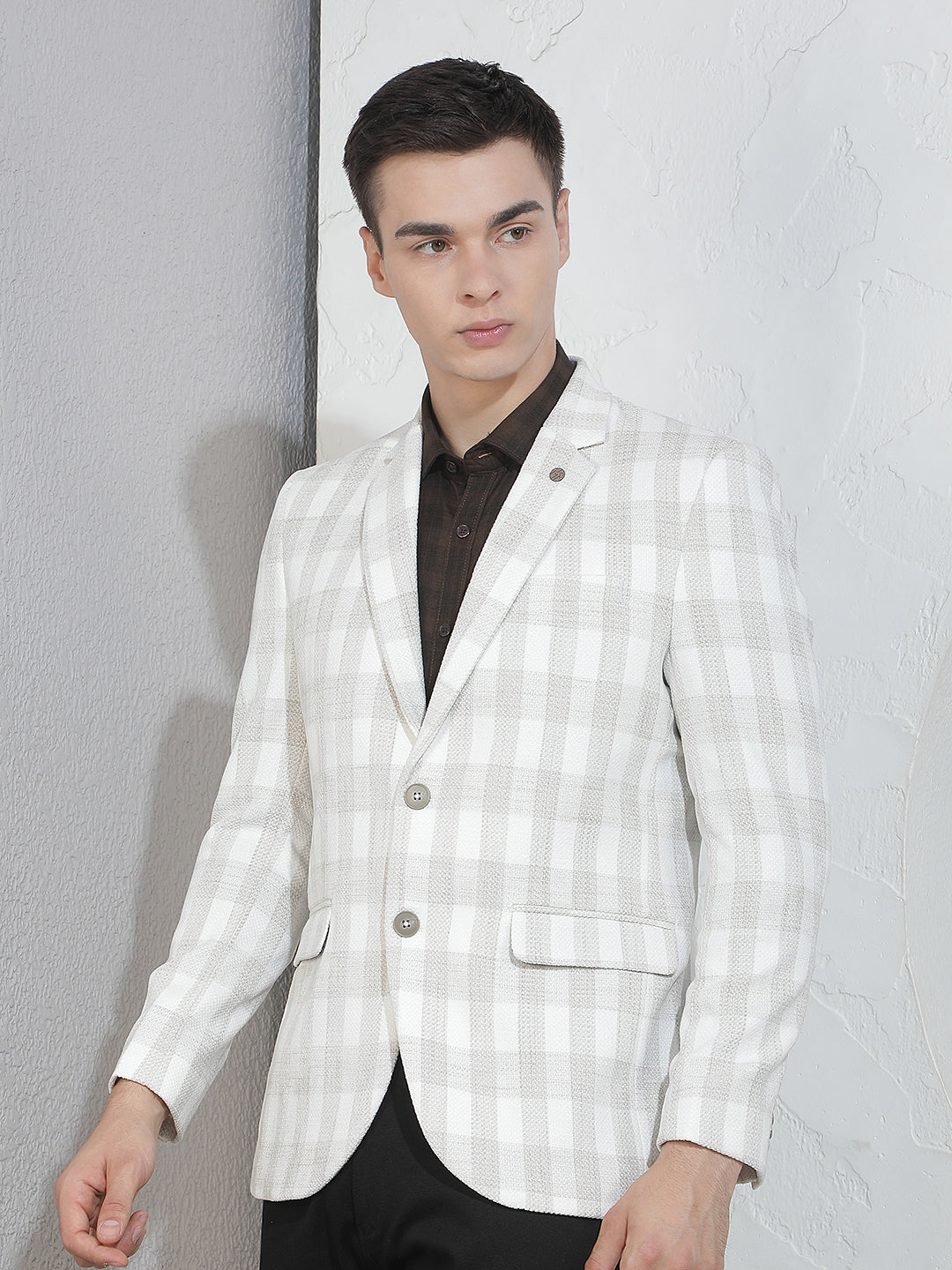 Off White Checked Notched Lapel Blazer