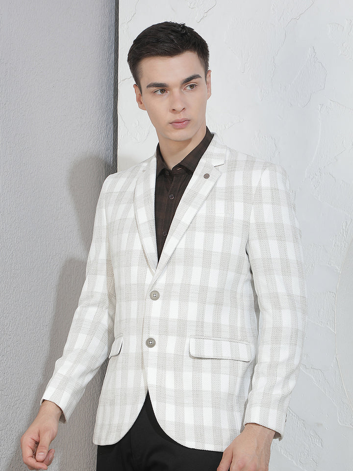 Off White Checked Notched Lapel Blazer