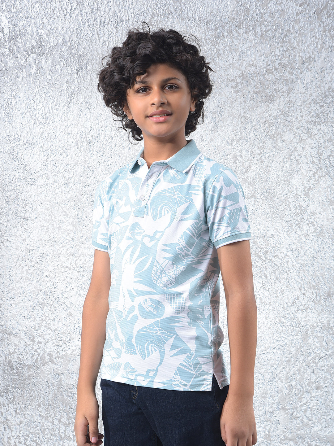 Blue Printed Polo Neck T-Shirt