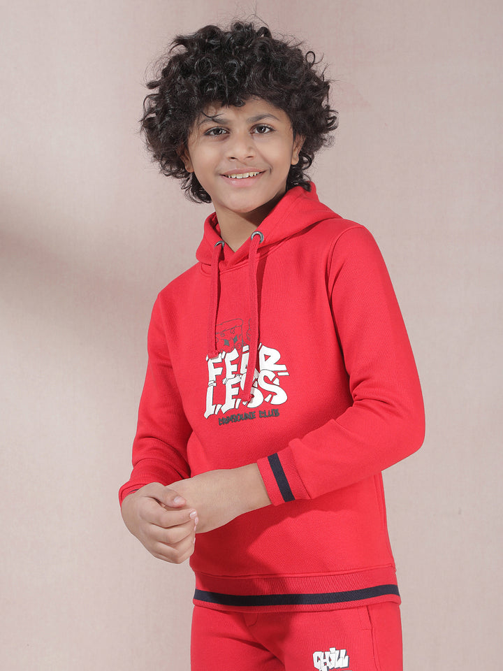 Red Typographic Print Hooded Neck Sweatshirt