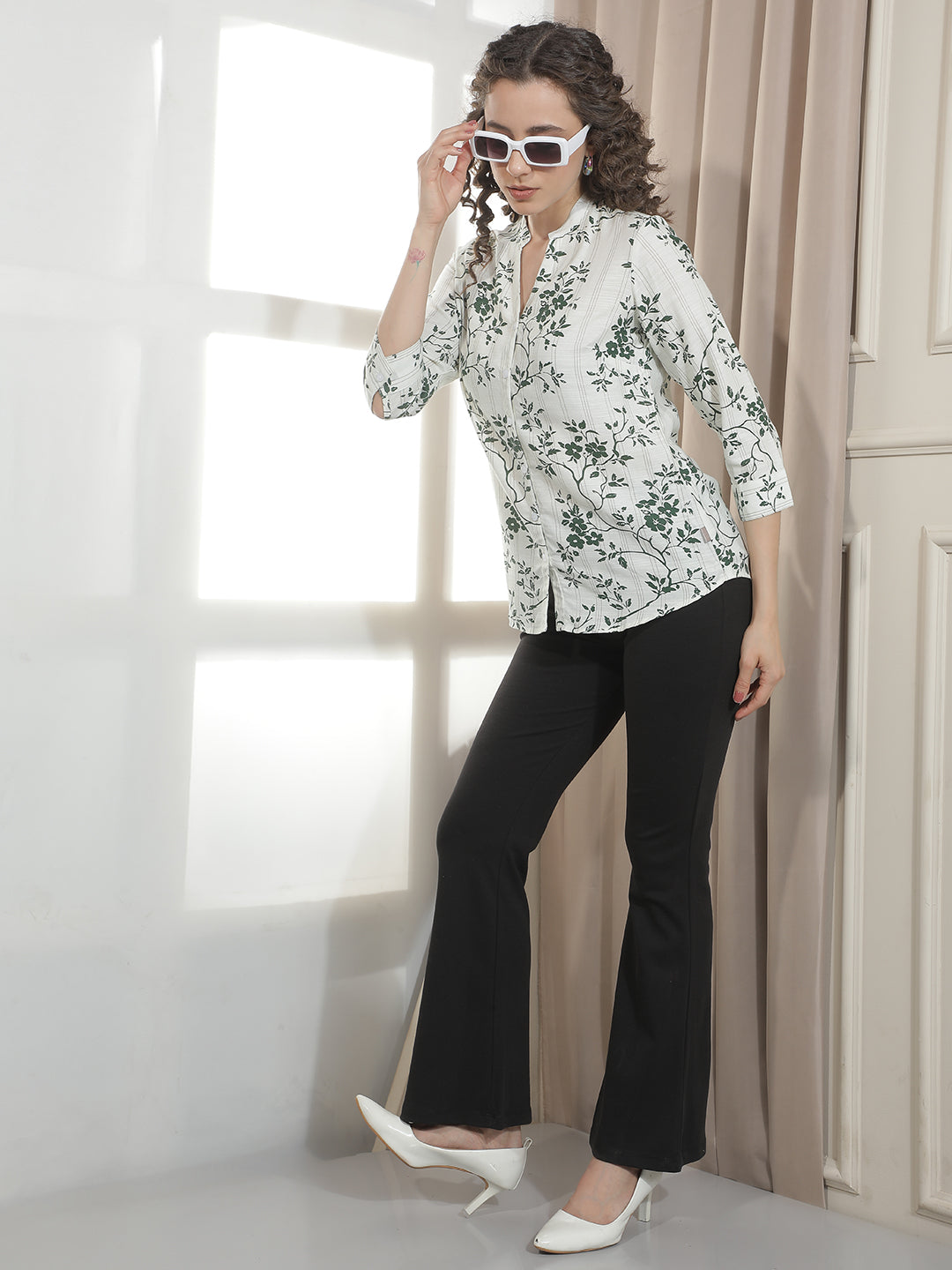 Green Floral Print V-Neck Linen Shirt