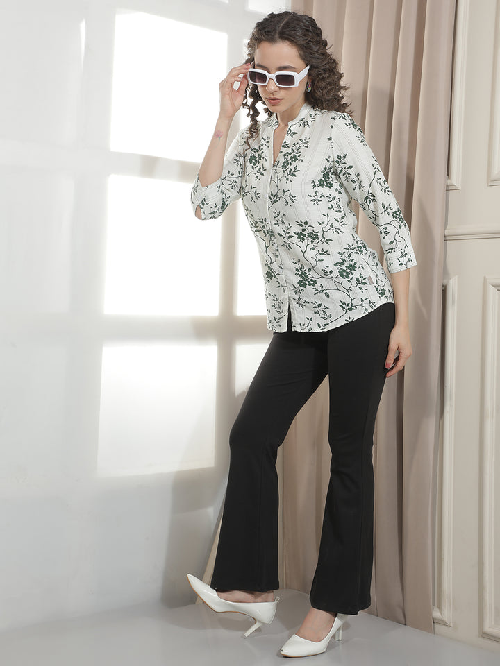 Green Floral Print V-Neck Linen Shirt