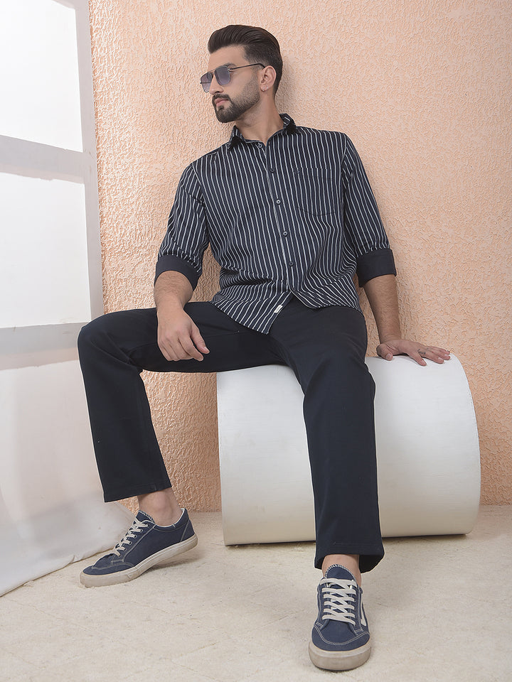 Navy Blue Vertical Stripes Shirt