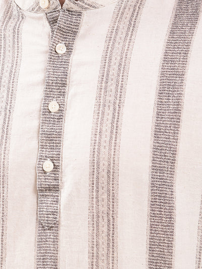 Beige Vertical Stripes Linen Straight Kurta
