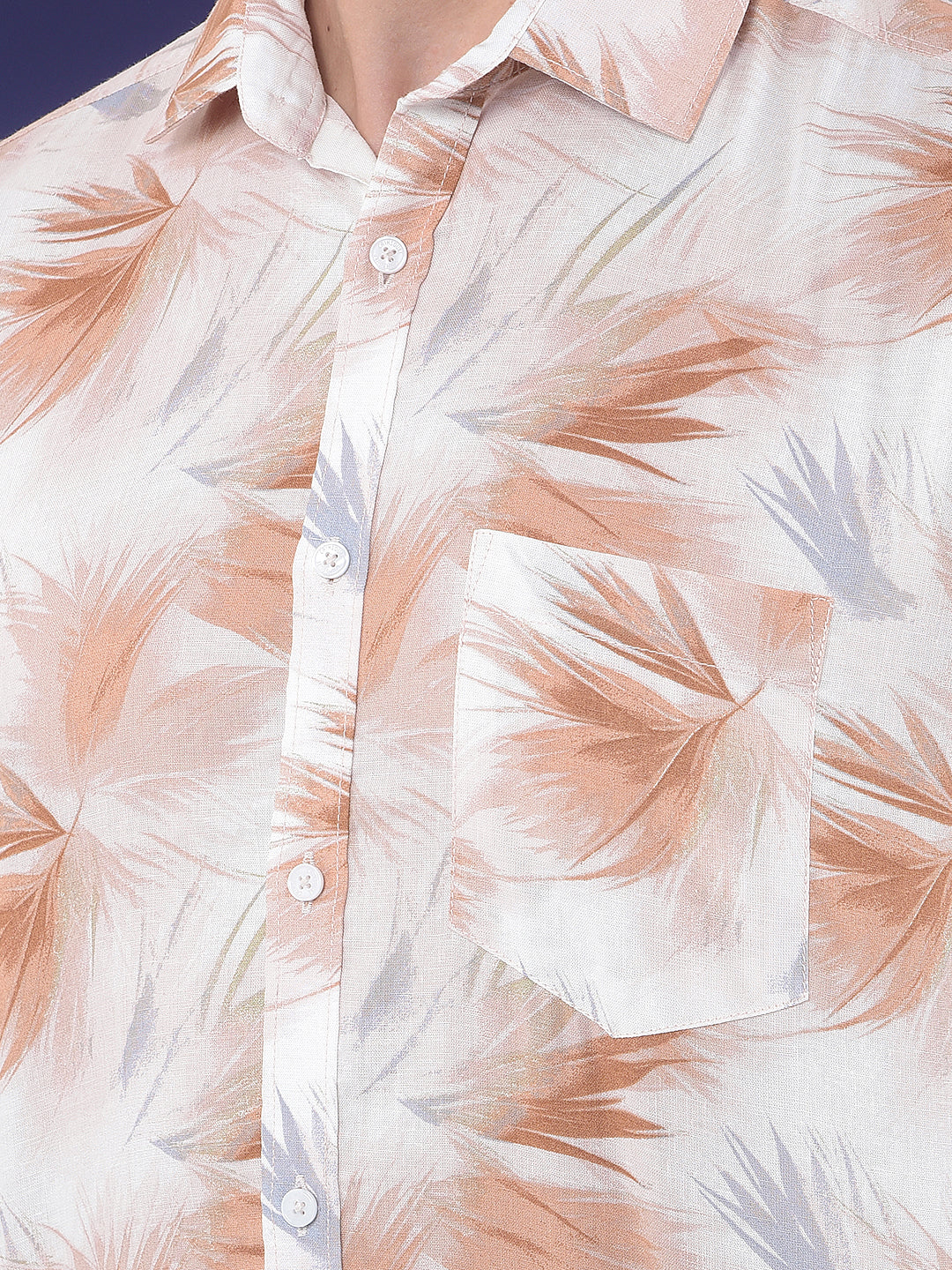 Beige Floral Print Linen Shirt