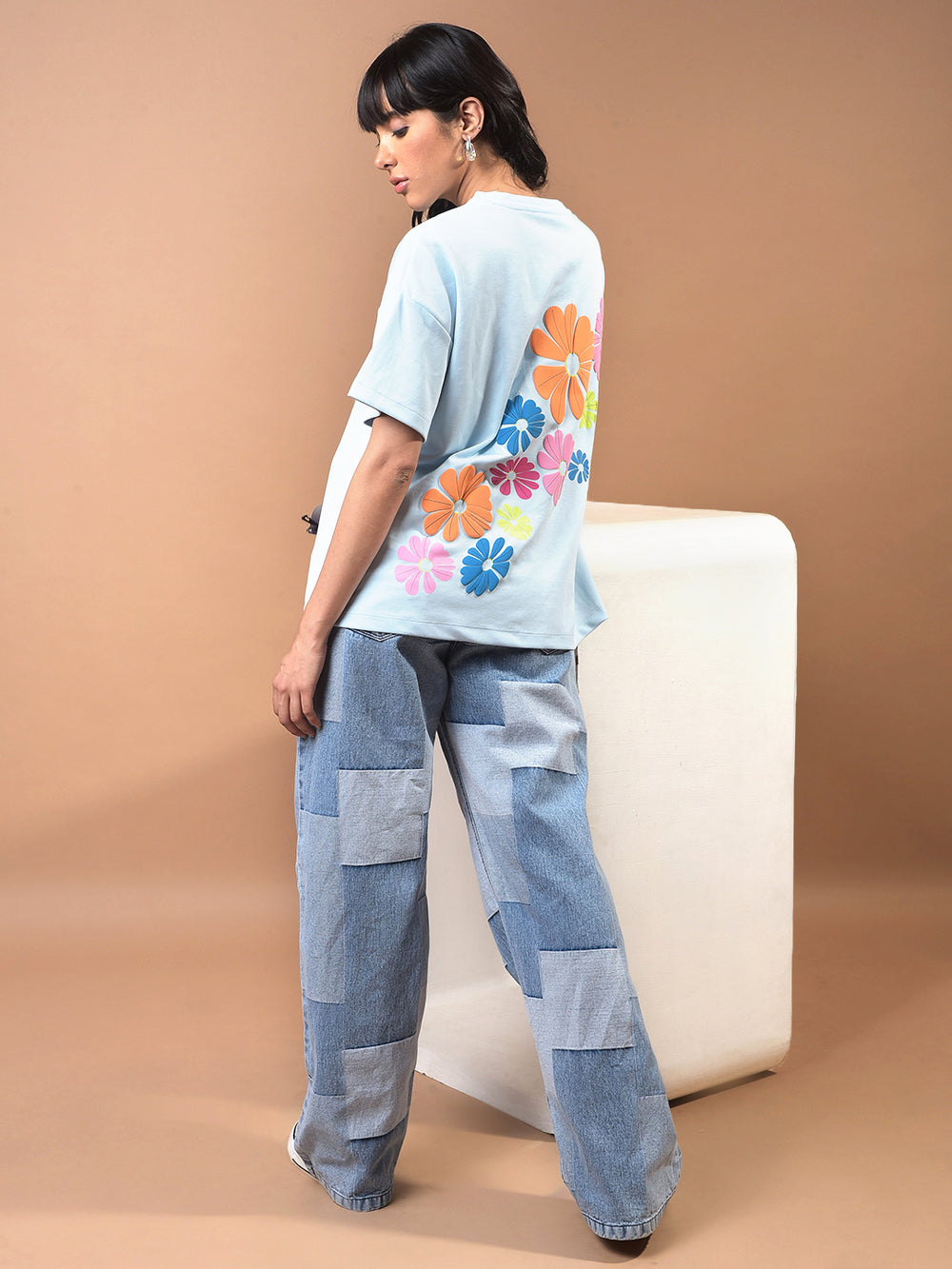 Blue Floral Print Oversize T-Shirt-Women T-Shirts-Crimsoune Club