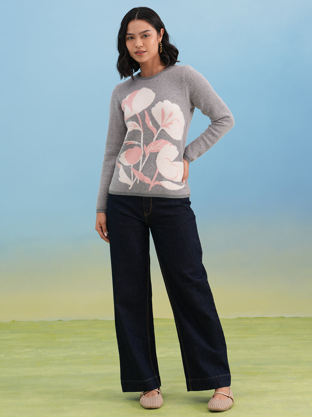 Soft Grey Botanical Pattern Sweater