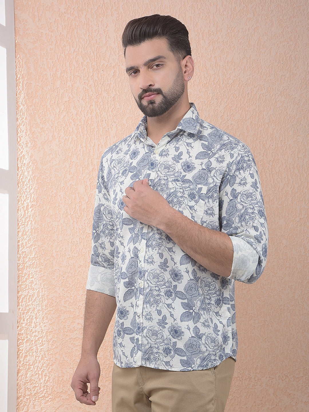 Blue Floral Print Linen Shirt