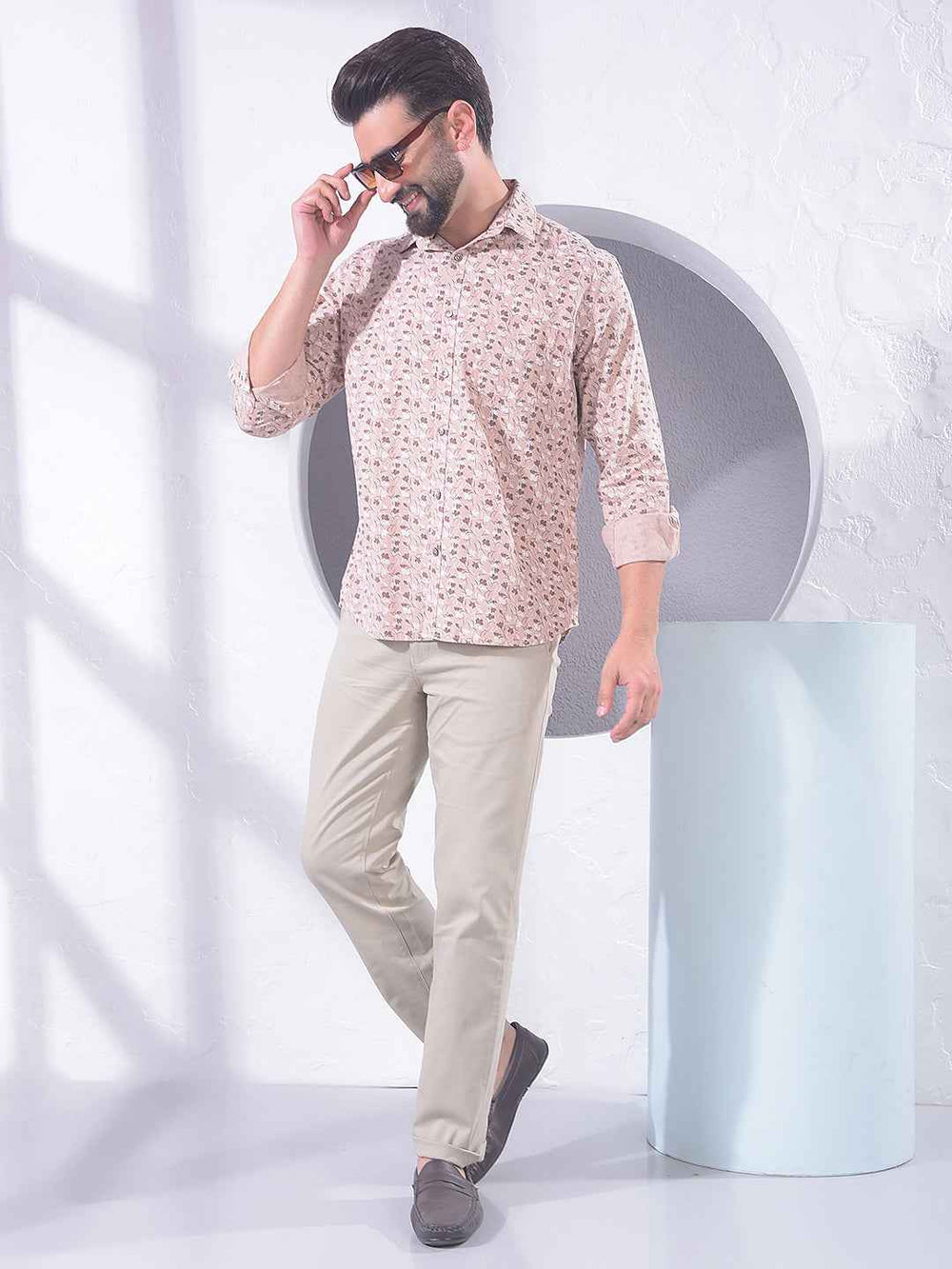 Peach Floral Print Linen Shirt