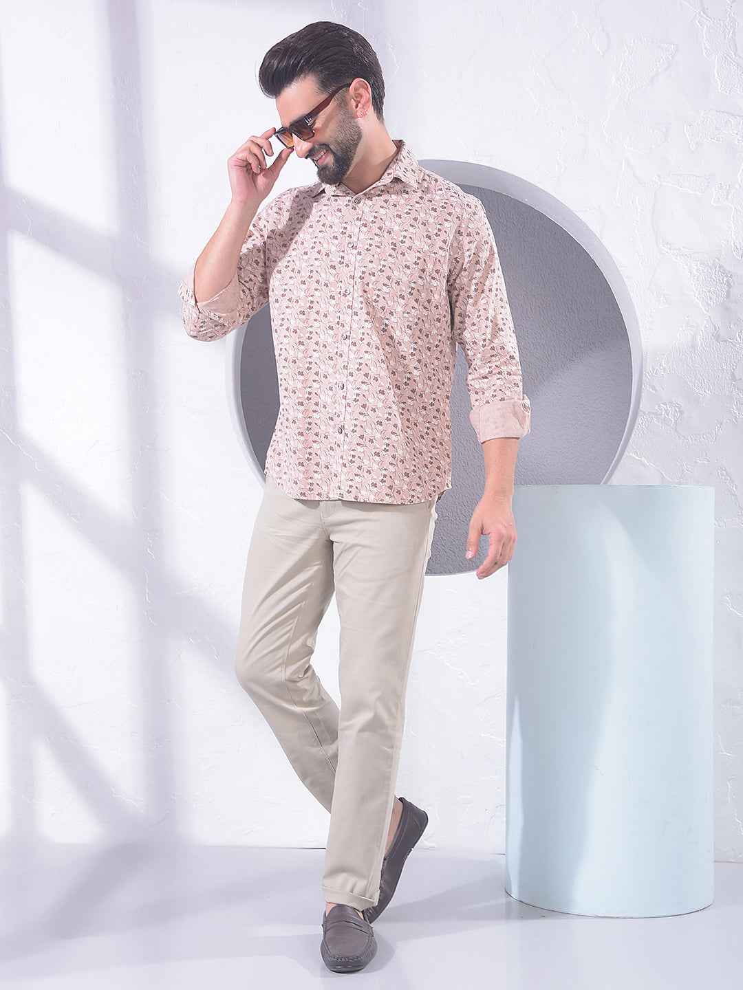 Peach Floral Print Linen Shirt