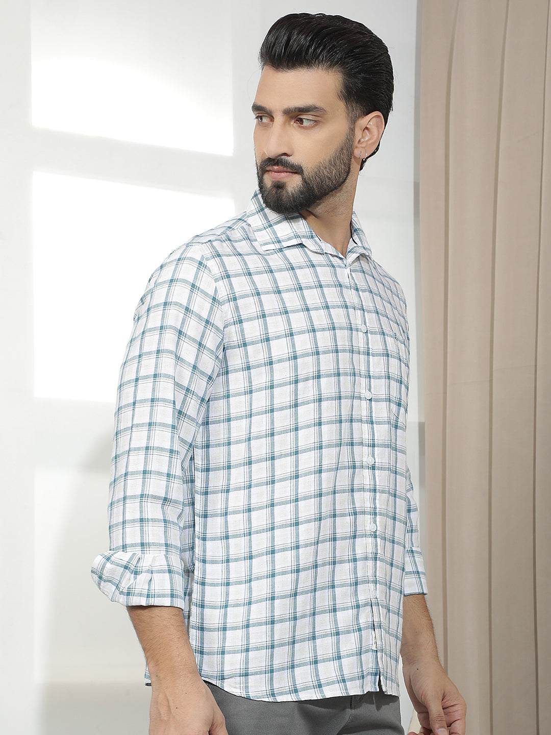 Teal Green Linen Checked Shirt