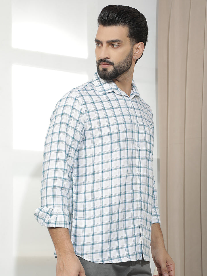 Teal Green Linen Checked Shirt