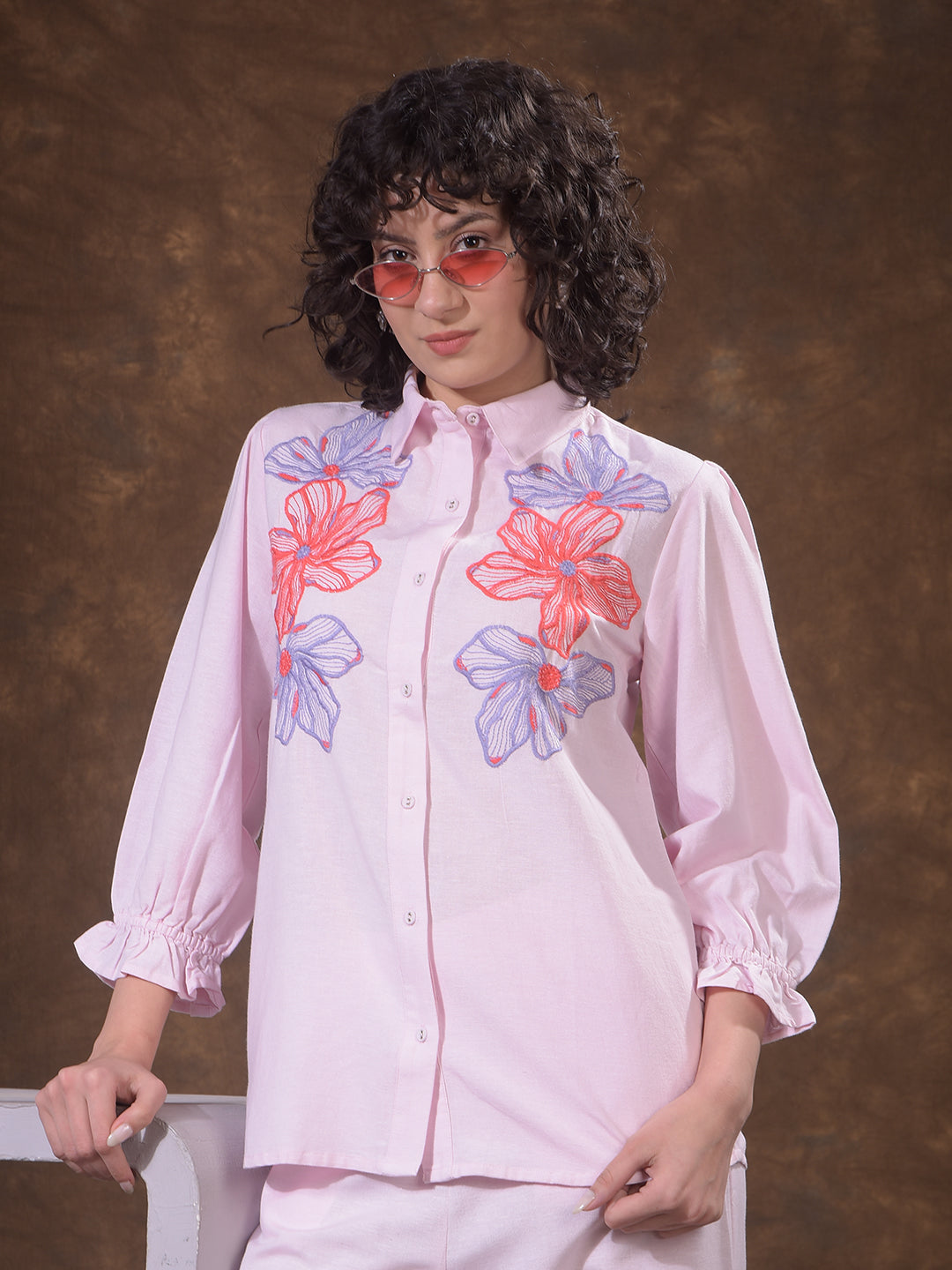 Structured Coral Pink Embroidered Shirt