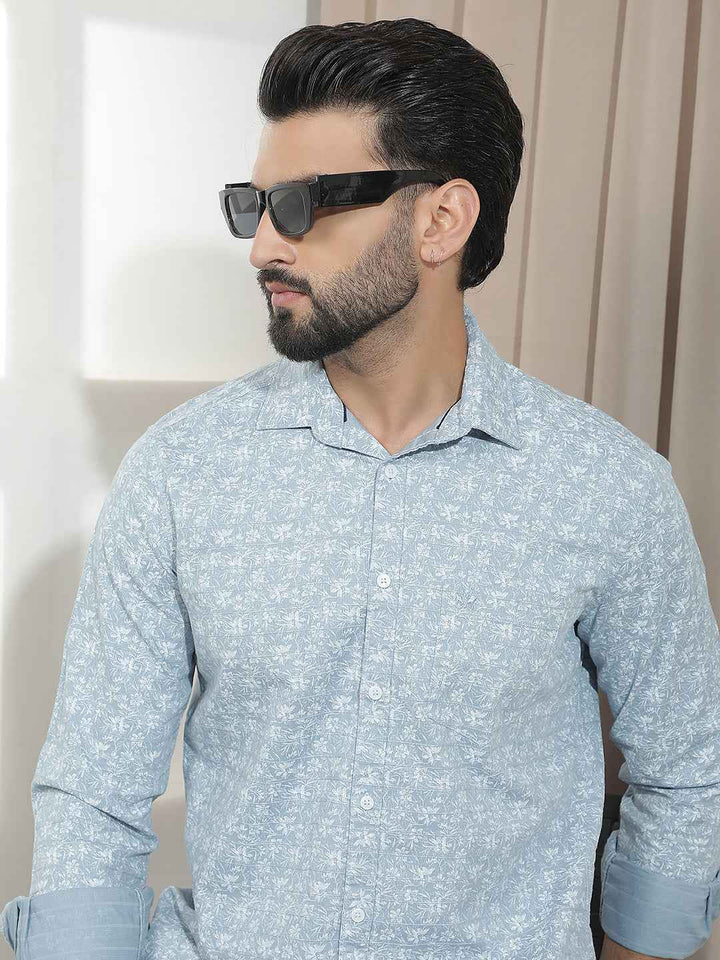 Sky Blue Floral Print Shirt